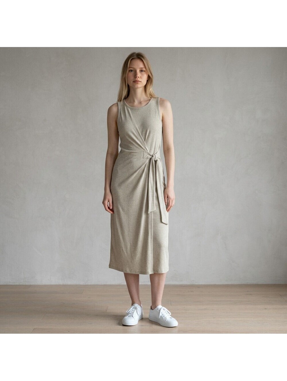 Jolie Dress Women M Medium Gray Sheath Long Belted Sleeveless Stretch Casual